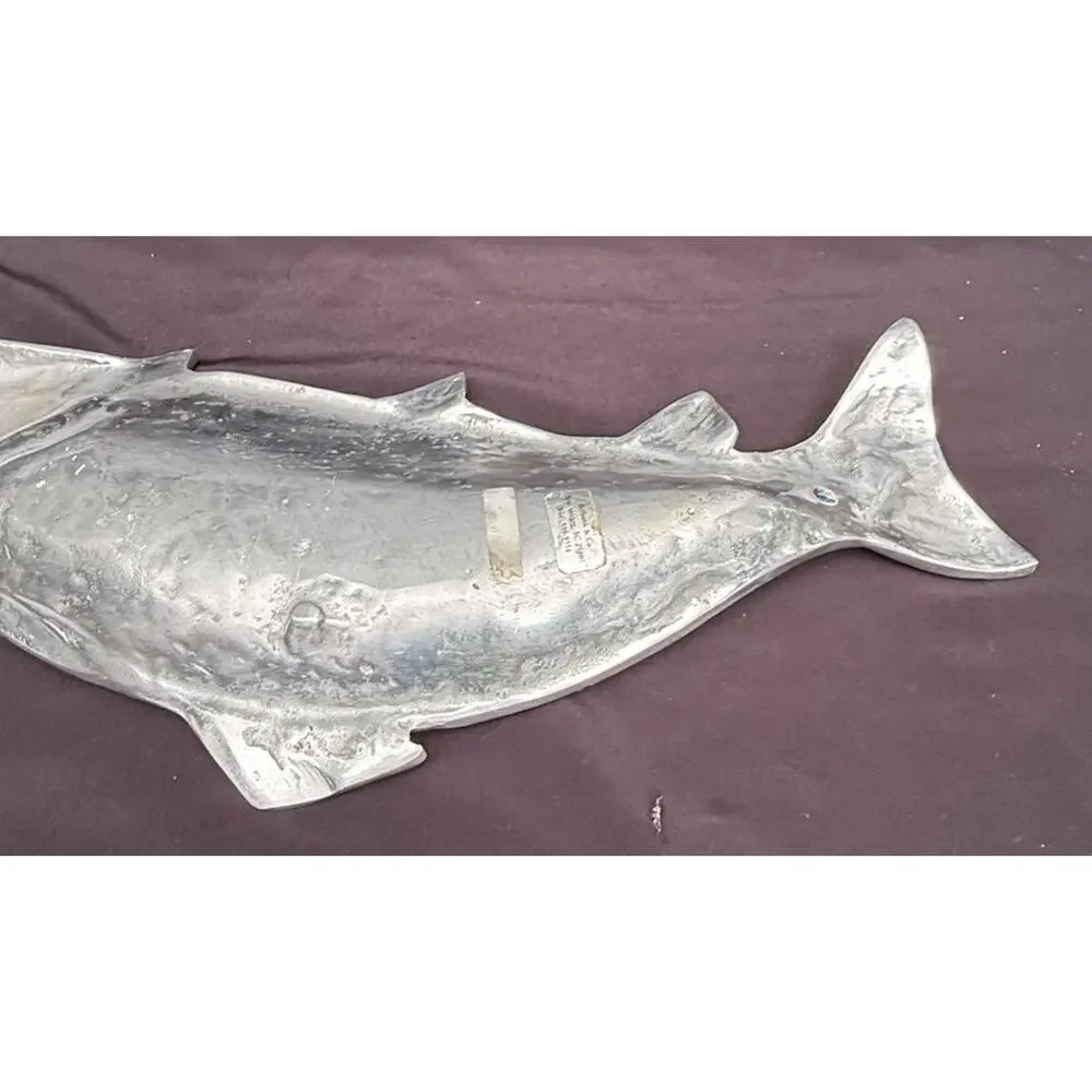 Vintage Cast Aluminum Silver Rainbow Trout Fish Shaped Serving Bowl Platter 21